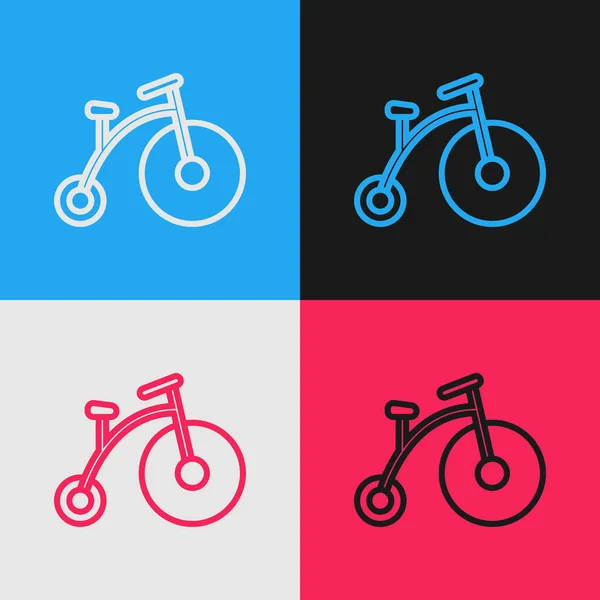 Linha de cores Bicicleta vintage com uma grande roda e um pequeno ícone isolado no fundo de cor. Bicicleta sinal de transporte público. Desenho de estilo vintage. Ilustração vetorial — Vetor de Stock