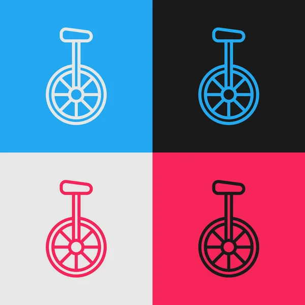 Farblinie Einrad oder einrädriges Fahrradsymbol auf farbigem Hintergrund isoliert. Einrad-Fahrrad. Vintage-Stil Zeichnung. Vektorillustration — Stockvektor
