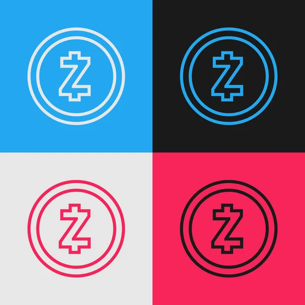 Кольорова лінія Криптовалюта монета Zcash ZEC ізольована на кольоровому фоні. Цифрова валюта. Символ Altcoin. Блокчейн заснований на безпечній криптовалюті. Малюнок вінтажного стилю. Векторна ілюстрація — стоковий вектор