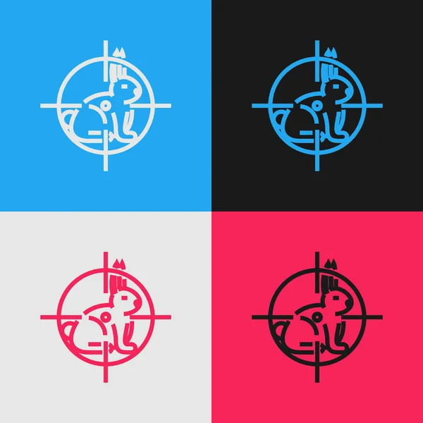 Línea de color Caza en conejo con icono de punto de mira aislado en el fondo de color. Logotipo del club de caza con conejo y objetivo. Lente de rifle apuntando a una liebre. Dibujo de estilo vintage. Ilustración vectorial — Vector de stock