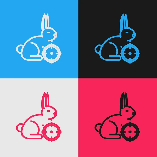 颜色线狩猎兔子与十字线图标隔离在颜色背景。狩猎俱乐部标志与兔子和目标。瞄准一头兔的步枪镜头。复古风格的绘图。矢量插图 — 图库矢量图片