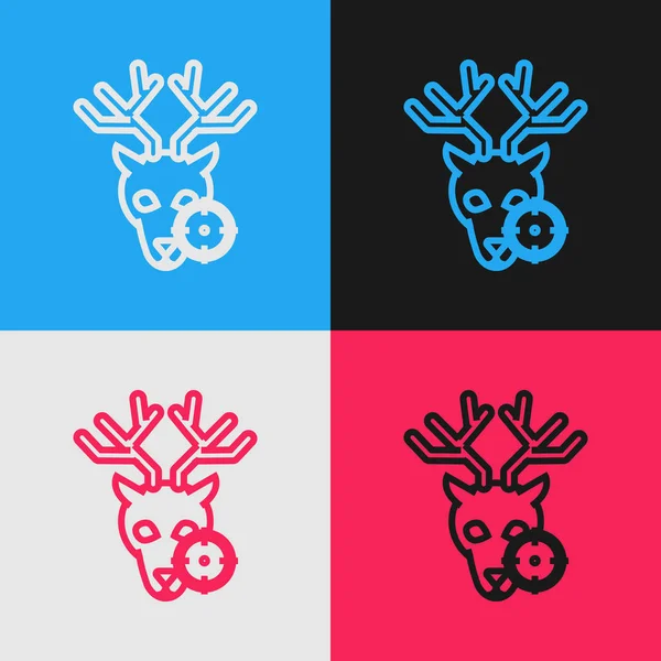 色の背景に分離された十字線アイコンを持つ鹿の色のラインハント。鹿とターゲットを持つ狩猟クラブのロゴ。鹿を狙ったライフルレンズ。ヴィンテージスタイルの図面。ベクトルイラストレーション — ストックベクタ
