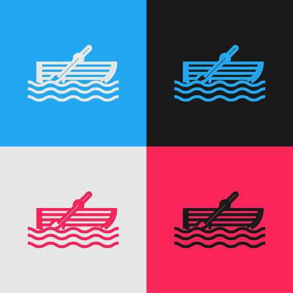 Kleur lijn vissersboot met roeiriemen op water pictogram geïsoleerd op kleur achtergrond. Vintage stijl tekening. Vector illustratie — Stockvector