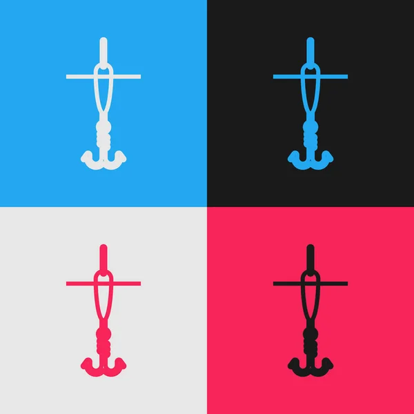 Цветная линия Рыболовный крючок и плавающая иконка изолированы на цветном фоне. Рыболовные снасти. Рисунок в винтажном стиле. Векторная миграция — стоковый вектор