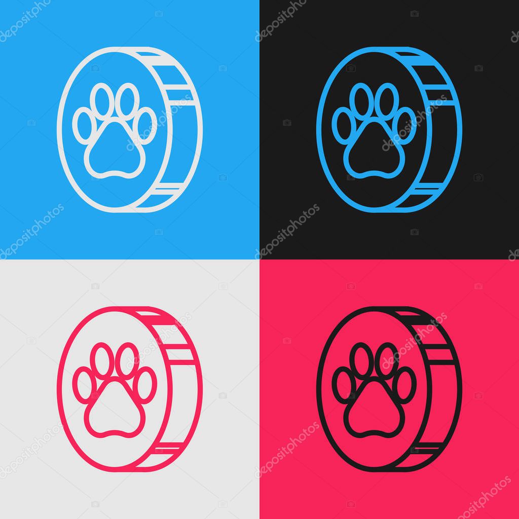 Color line Paw print icon isolated on color background. Dog or cat paw print. Animal track. Vintage style drawing. Vector Illustration