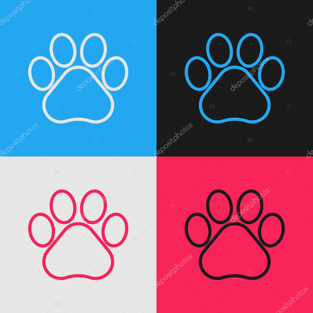 Color line Paw print icon isolated on color background. Dog or cat paw print. Animal track. Vintage style drawing. Vector Illustration