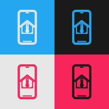 Renk çizgisi Ev sıcaklığı simgesi renk arka planda izole ile Cep telefonu. Termometre simgesi. Vintage tarzı çizim. Vektör İllüstrasyonu