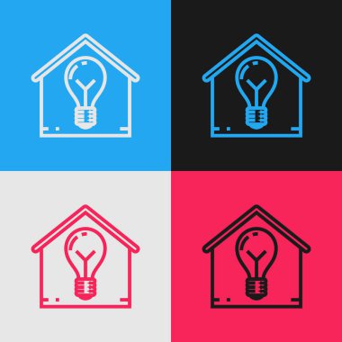 Renk hattı Akıllı ev ve ampul simgesi renk arka planda izole. Vintage tarzı çizim. Vektör İllüstrasyonu