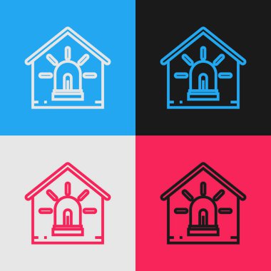 Renk çizgisi Akıllı ev ve alarm simgesi renk arka planda izole. Akıllı evin güvenlik sistemi. Vintage tarzı çizim. Vektör İllüstrasyonu