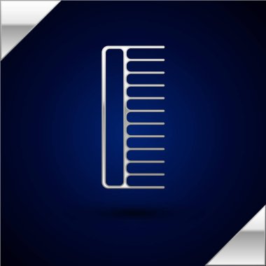 Gümüş saç fırçası simgesi koyu mavi arkaplanda izole edilmiş. Taraklı saç işareti. Berber sembolü. Vektör İllüstrasyonu