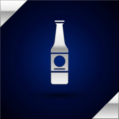 Gümüş Bira şişe simgesi koyu mavi arka plan izole. Vektör İllüstrasyonu