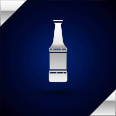 Gümüş Bira şişe simgesi koyu mavi arka plan izole. Vektör İllüstrasyonu