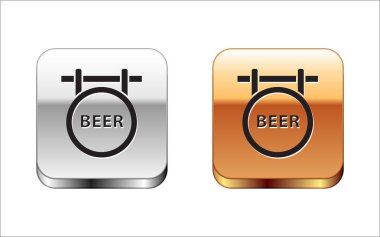 Beyaz arka planda izole yazıt Bira simgesi ile Siyah Sokak tabelası. Reklam bar, kafe, pub, restoran için uygundur. Gümüş-altın kare düğme. Vektör İllüstrasyonu