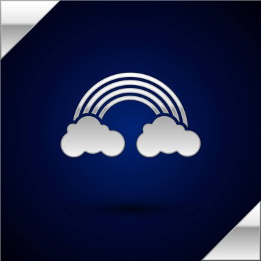 Koyu mavi arka planda izole edilmiş bulutsimgesine sahip Gümüş Gökkuşağı. Vektör İllüstrasyonu