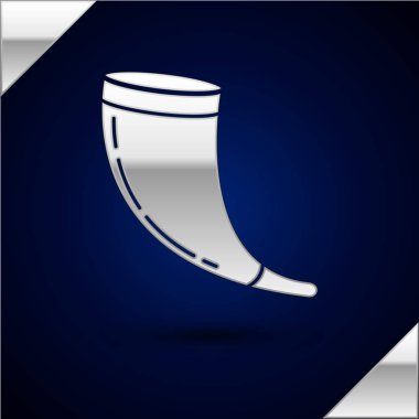 Silver Traditional ram horn, shofar icon isolated on dark blue background. Rosh hashanah, jewish New Year holiday traditional symbol. Vector Illustration
