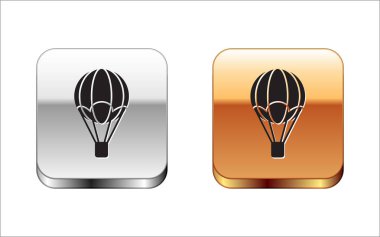 Siyah Sıcak hava balonu simgesi beyaz arka plan üzerinde izole. Seyahat için hava taşımacılığı. Gümüş-altın kare düğme. Vektör İllüstrasyonu