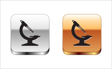 Siyah Mikroskop simgesi beyaz arka plan üzerinde izole. Kimya, farmasötik alet, mikrobiyoloji büyüteç aracı. Gümüş-altın kare düğme. Vektör İllüstrasyonu