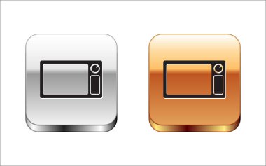 Siyah Mikrodalga fırın simgesi beyaz arka plan üzerinde izole. Ev aletleri simgesi. Gümüş-altın kare düğme. Vektör İllüstrasyonu