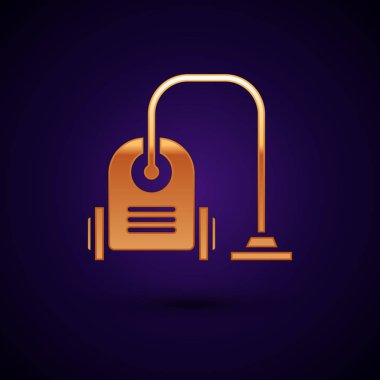 Koyu mavi arka planda izole edilmiş Altın Elektrikli süpürge simgesi. Vektör İllüstrasyonu