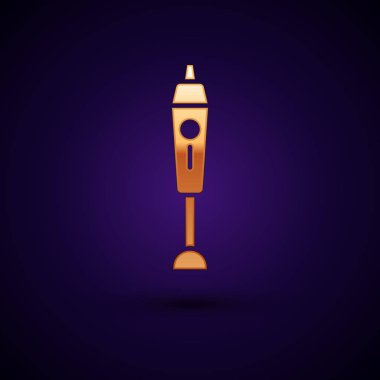 Altın Blender simgesi koyu mavi arka plan üzerinde izole. Kase ile Mutfak elektrik sabit karıştırıcı. Pişirme smoothies, kokteyl veya meyve suyu. Vektör İllüstrasyonu