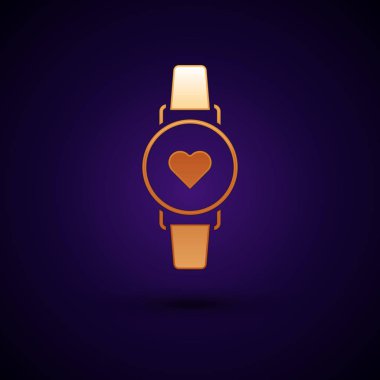 Altın Smart saat, koyu mavi arka planda izole edilmiş kalp atış hızı simgesini gösteriyor. Fitness Uygulaması konsepti. Vektör İllüstrasyonu