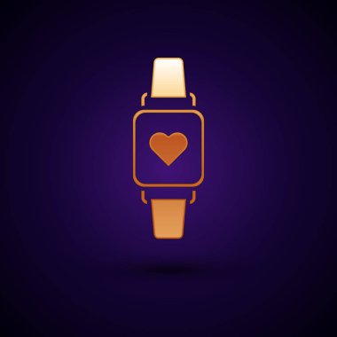 Altın Smart saat, koyu mavi arka planda izole edilmiş kalp atış hızı simgesini gösteriyor. Fitness Uygulaması konsepti. Vektör İllüstrasyonu