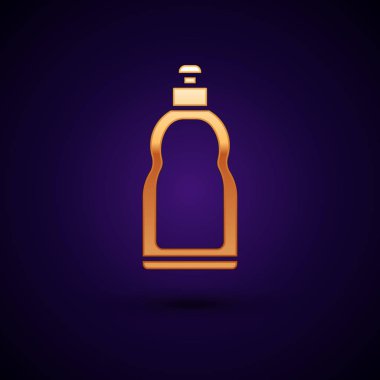 Sıvı çamaşır deterjanı, çamaşır suyu, bulaşık sıvısı veya koyu mavi arka planda izole edilmiş başka bir temizlik maddesi simgesi için Altın Plastik şişe. Vektör İllüstrasyonu