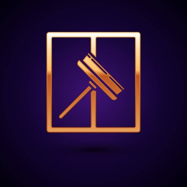 Koyu mavi arka planda izole pencereler simgesi için kauçuk temizleyici ile Altın Temizleme hizmeti. Squeegee, kazıyıcı, silecek. Vektör İllüstrasyonu