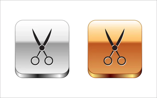 Black Scissors Friseur-Symbol isoliert auf weißem Hintergrund. Friseur, Modesalon und Friseursalon. Barbershop-Symbol. Silber-Gold quadratischer Knopf. Vektorillustration — Stockvektor