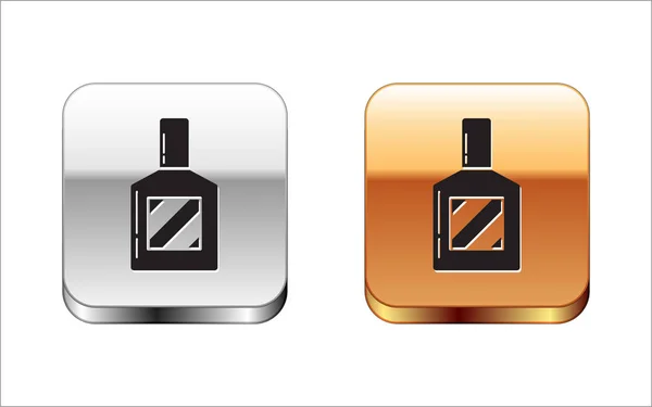 Zwart Aftershave icoon geïsoleerd op witte achtergrond. Keulen spray icoon. Mannelijke parfumfles. Zilverkleurig-gouden vierkante knop. Vector Illustratie — Stockvector