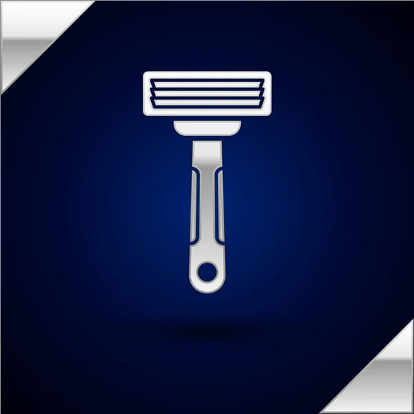 Icono de afeitar de plata aislado sobre fondo azul oscuro. Ilustración vectorial — Vector de stock