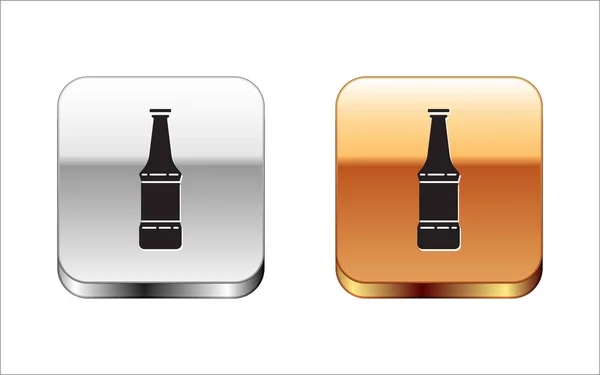 Siyah Bira şişesi simgesi beyaz arka plan üzerinde izole. Gümüş-altın kare düğme. Vektör İllüstrasyonu — Stok Vektör