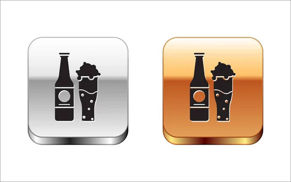 Black Beer bottle and glass icon isolated on white background. Alcohol Drink symbol. Silver-gold square button. Vector Illustration — Stock Vector