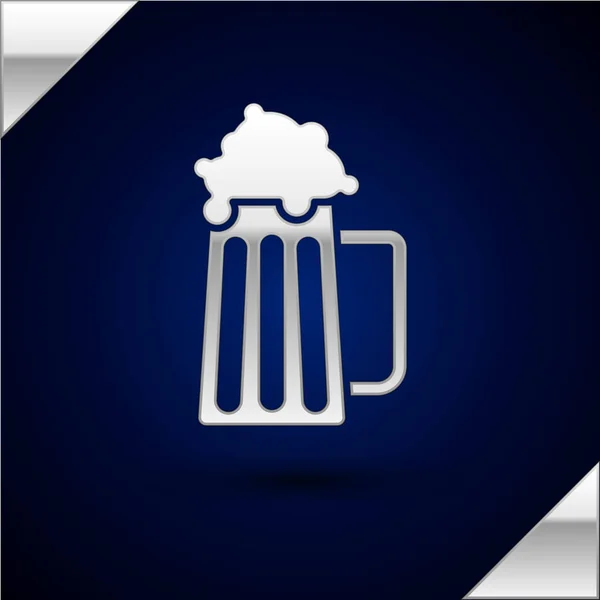 Ασημένιο ξύλινο εικονίδιο κούπα μπύρας απομονωθεί σε σκούρο μπλε φόντο. Απεικόνιση διανυσματικών φορέων — Διανυσματικό Αρχείο
