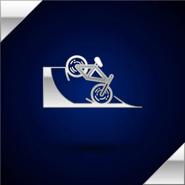 Silver Bicycle on street ramp icon isolated on dark blue background. Skate park. Extreme sport. Sport equipment. Vector Illustration