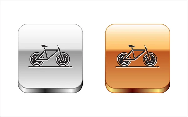 Schwarzes Fahrradsymbol isoliert auf weißem Hintergrund. Radrennen. Extremsport. Sportgeräte. Silber-Gold quadratischer Knopf. Vektorillustration — Stockvektor