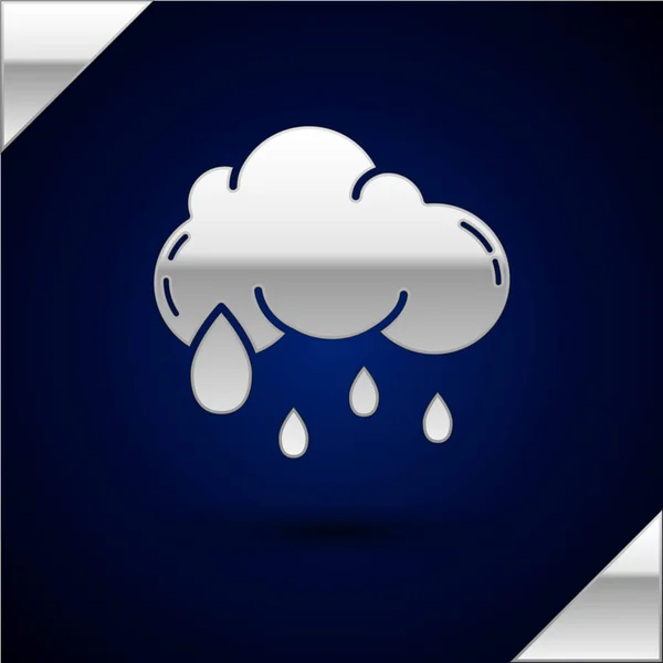 Silver Cloud with rain icon isolated on dark blue background. Rain cloud precipitation with rain drops. Vector Illustration — Stock Vector