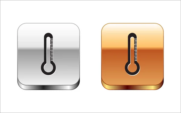Ícone de termômetro preto isolado no fundo branco. Botão quadrado prata-ouro. Ilustração vetorial —  Vetores de Stock