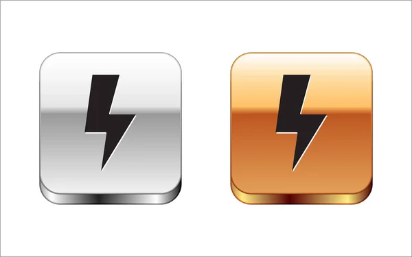 Black Lightning bolt icon isolated on white background. Flash sign. Charge flash icon. Thunder bolt. Lighting strike. Silver-gold square button. Vector Illustration — Stock Vector