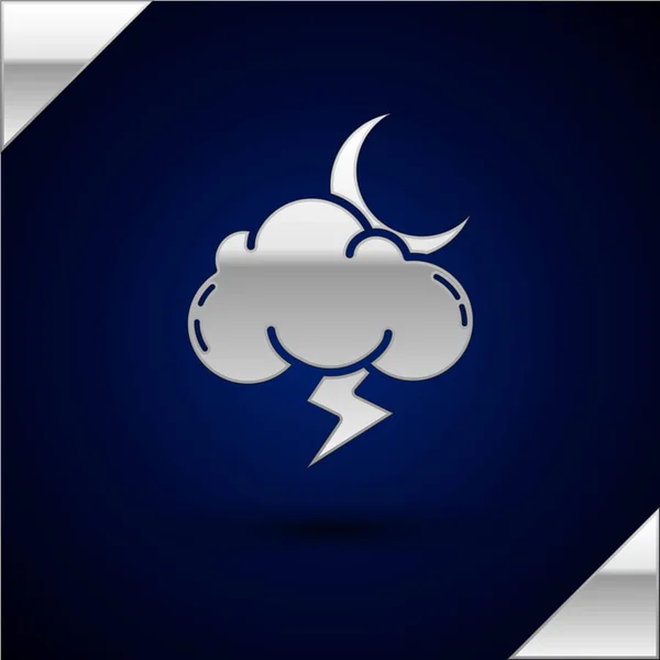 Silver Storm icon isolated on dark blue background. Cloud with lightning and moon sign. Weather icon of storm. Vector Illustration — 스톡 벡터