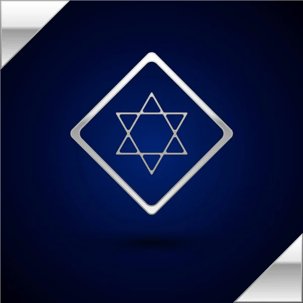 Estrella de Plata de David icono aislado sobre fondo azul oscuro. Símbolo religioso judío. Símbolo de Israel. Ilustración vectorial — Vector de stock