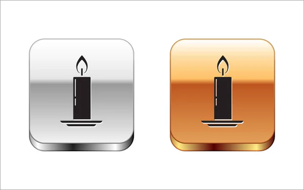 Black Burning candle in candlestick icon isolated on white background. Old fashioned lit candle. Cylindrical candle stick with burning flame. Silver-gold square button. Vector Illustration — Stok Vektör