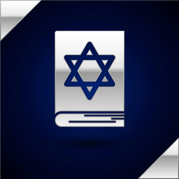 Silver Jewish torah book icon isolated on dark blue background. Pentateuch of Moses. On the cover of the Bible is the image of the Star of David. Vector Illustration — Stock Vector