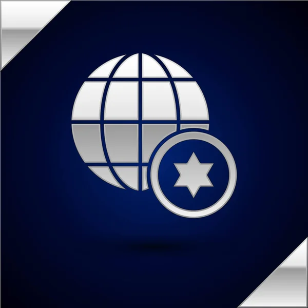 Silver World Globe and Israel icon isolated on dark blue background. Vector Illustration — 스톡 벡터