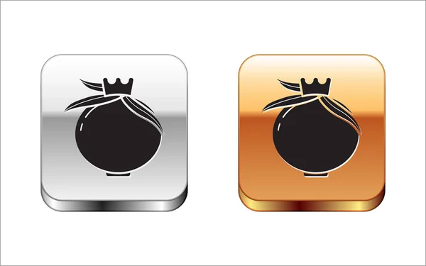 Black Pomegranate icon isolated on white background. Garnet fruit. Silver-gold square button. Vector Illustration — Stock Vector