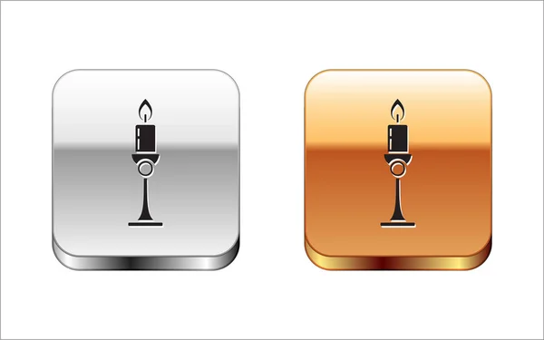 Black Burning candle in candlestick icon isolated on white background. Old fashioned lit candle. Cylindrical candle stick with burning flame. Silver-gold square button. Vector Illustration — Stok Vektör
