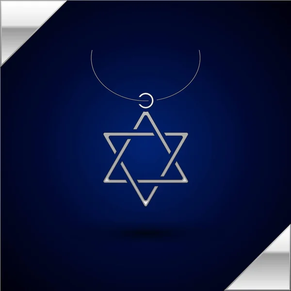 Серебряная звезда Давида ожерелье на цепи значок изолирован на темно-синем фоне. Еврейский символ религии. Символ Израиля. Драгоценности и аксессуары. Векторная миграция — стоковый вектор