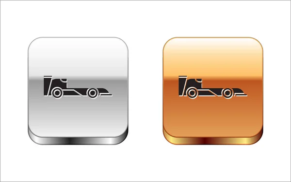 Schwarze Formel-Rennwagen-Ikone isoliert auf weißem Hintergrund. Silber-Gold quadratischer Knopf. Vektorillustration — Stockvektor