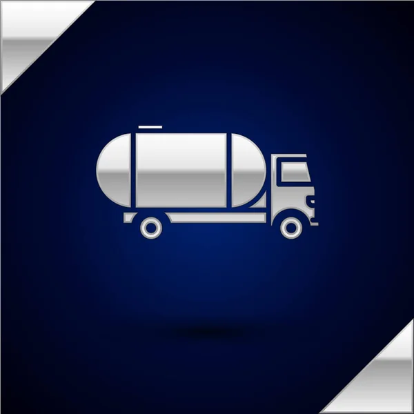 Ikone silberner Tanklastwagen isoliert auf dunkelblauem Hintergrund. Öltanker, Benzin-LKW, Zisterne, Öl-Anhänger. Vektorillustration — Stockvektor