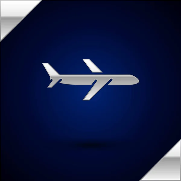 Icono Plano plateado aislado sobre fondo azul oscuro. Icono del avión volador. Firma del avión. Ilustración vectorial — Archivo Imágenes Vectoriales